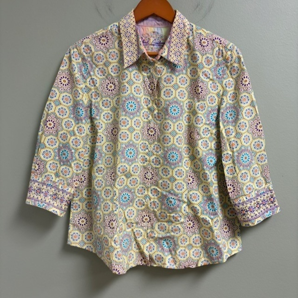 Robert Graham Womens Medallion Print Shirt Contrast Cuff Embroidered Beaded XL